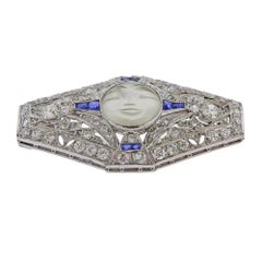 Art Deco Platinum Moonstone Diamond Sapphire Brooch
