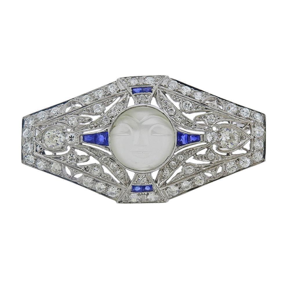 Women's Art Deco Platinum Moonstone Diamond Sapphire Brooch For Sale
