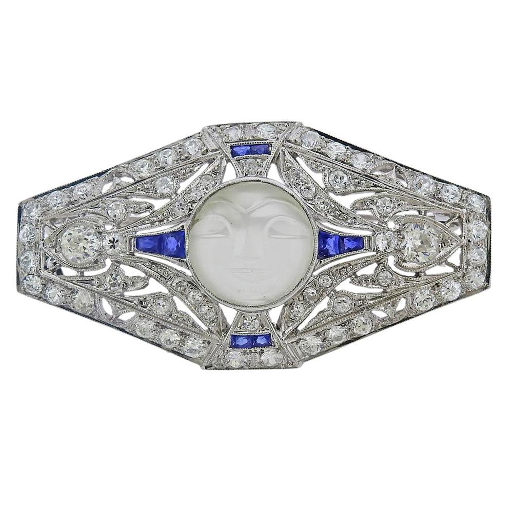 Art Deco Platinum Moonstone Diamond Sapphire Brooch For Sale