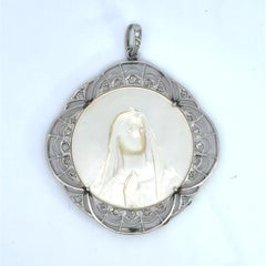 Art Deco Platinum Mother of Pearl Virgin Mary Pendant