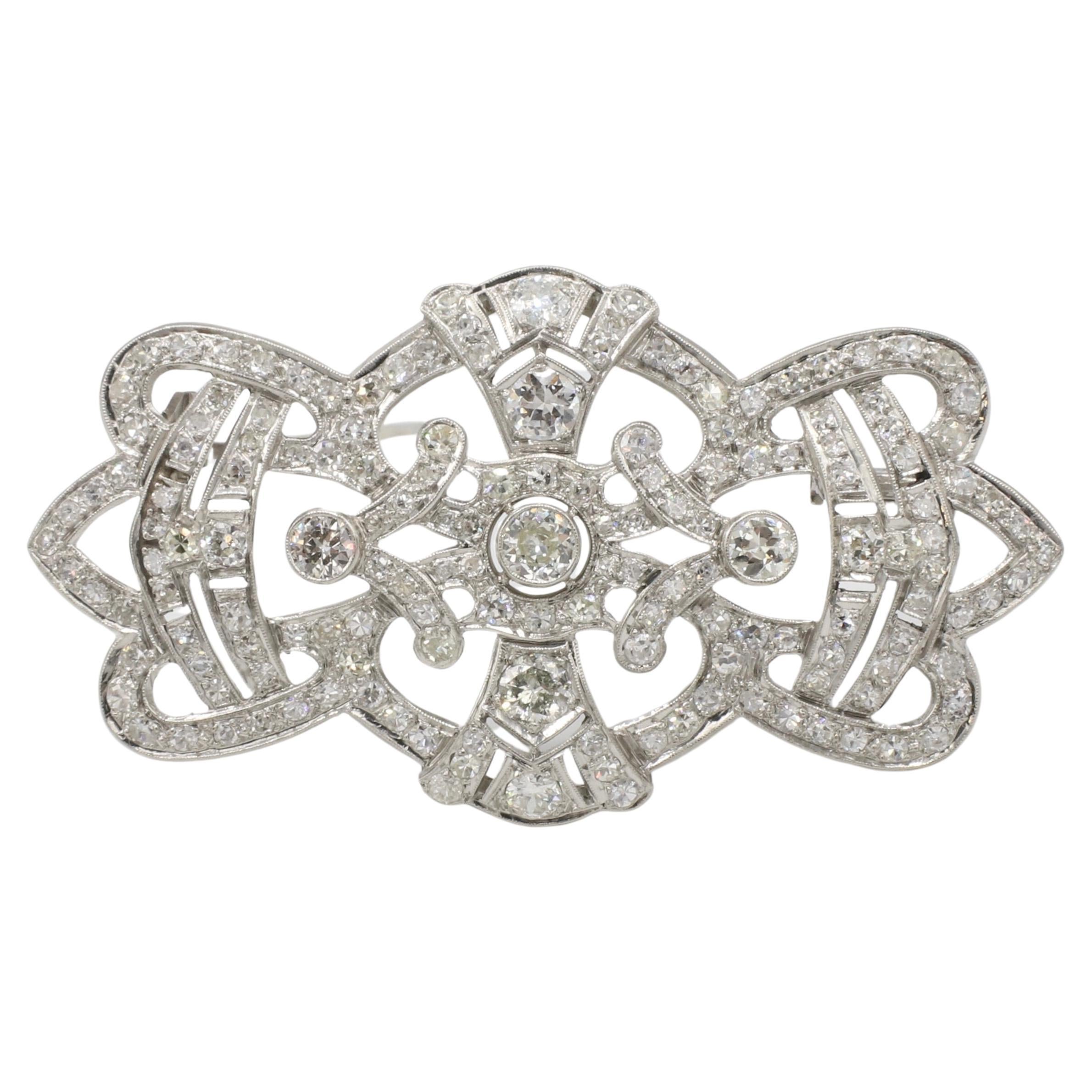 Art Deco Platinum Natural 4.00 Carat Old European Cut Diamond Brooch Pin 