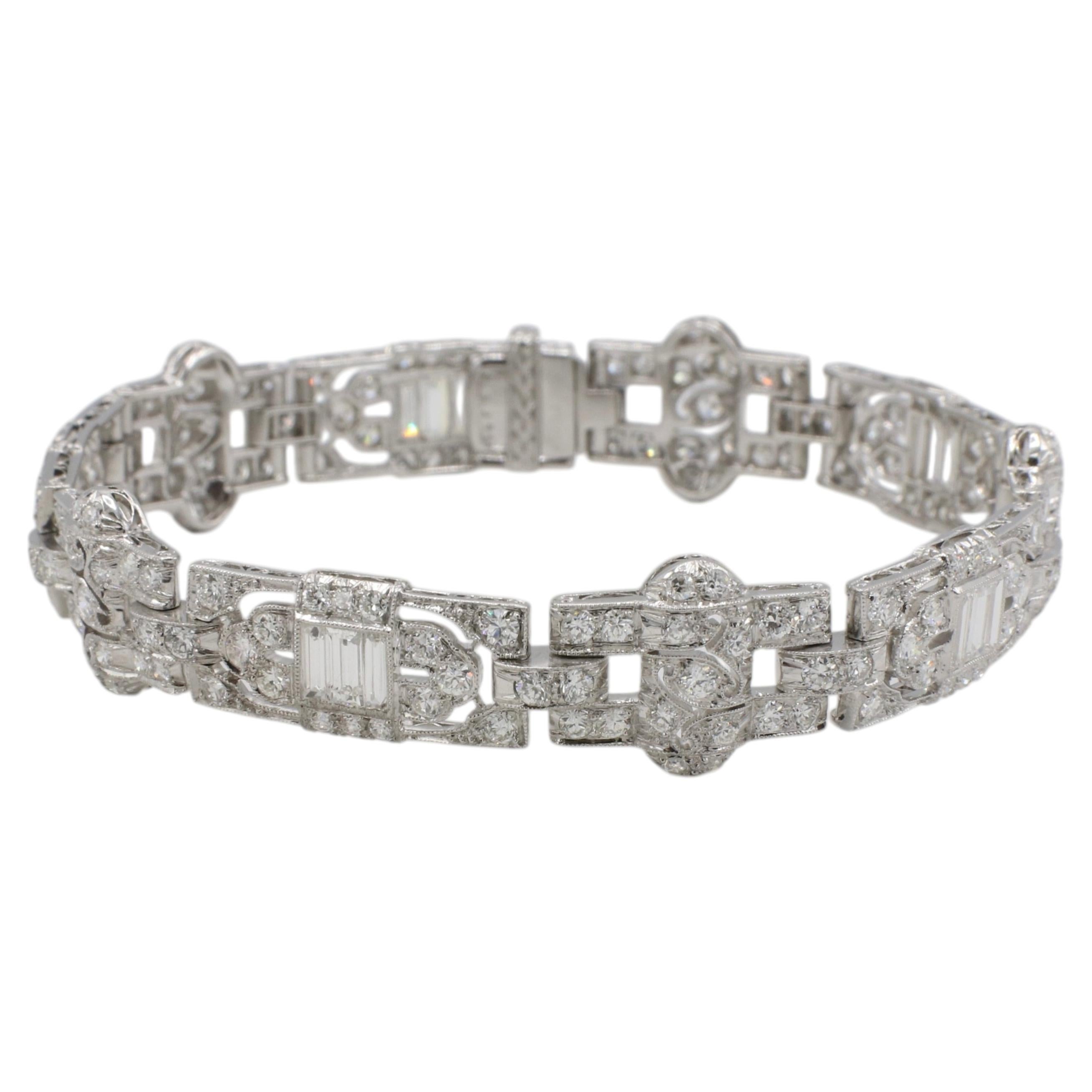 Art Deco Platinum Natural 6.70 Carat Diamond Filigree Link Bracelet