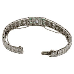 Art Deco Platinum Natural 8.55 Carat Diamond & Green Emerald Belly Bracelet