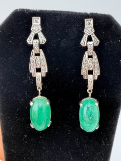 Art Deco Platinum Natural Diamond & Emerald Dangle Earrings