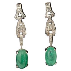 Art Deco Platinum Natural Diamond & Emerald Dangle Earrings