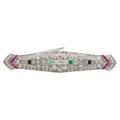 Art Deco Platinum Natural Diamond, Emerald, Ruby & Onyx Bar Pin Brooch