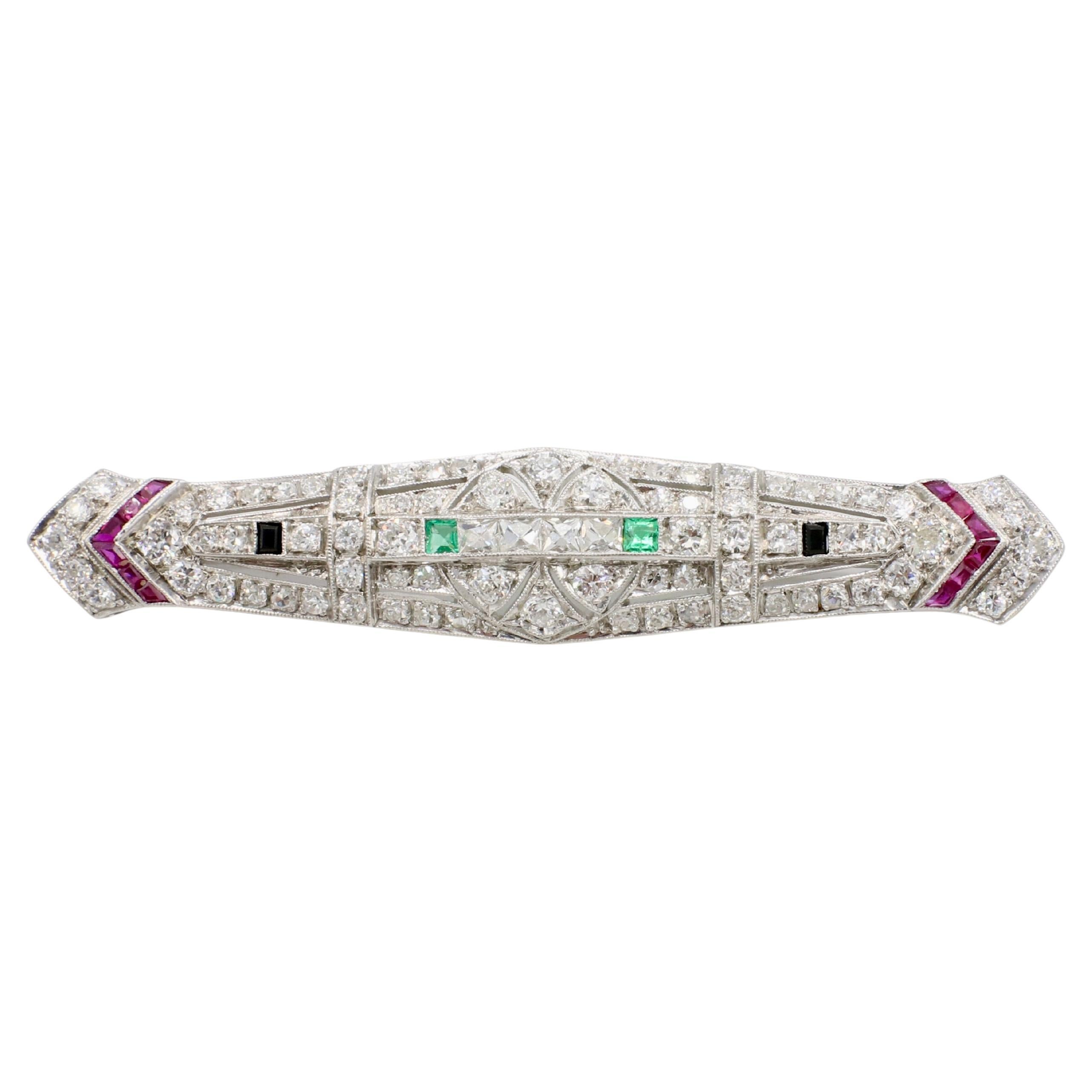 Art Deco Platinum Natural Diamond, Emerald, Ruby & Onyx Bar Pin Brooch