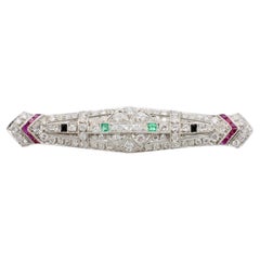 Art Deco Platinum Natural Diamond, Emerald, Ruby & Onyx Bar Pin Brooch