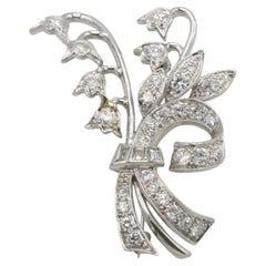 Art Deco Platinum Natural Diamond Flower Pin Brooch