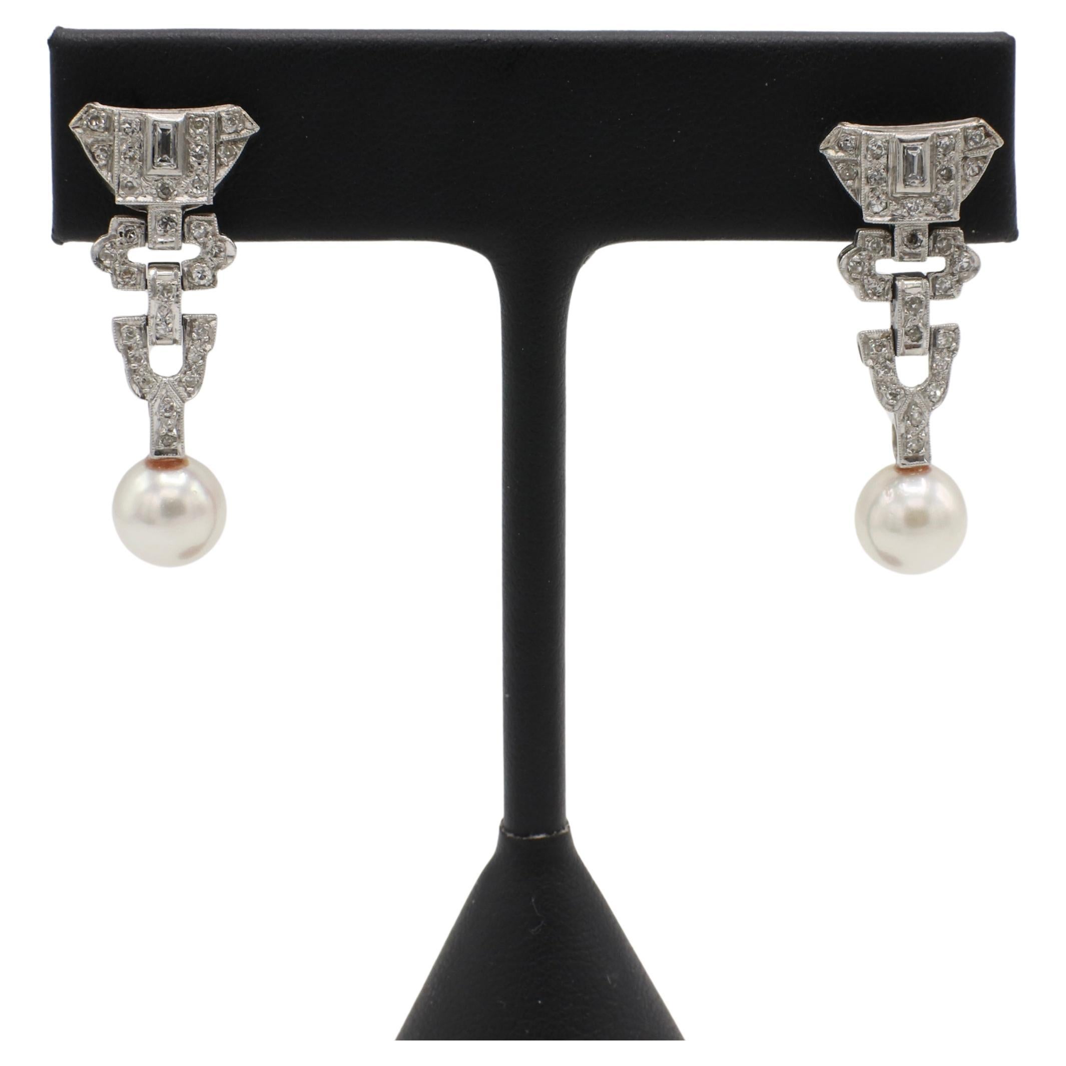 Round Cut Art Deco Platinum Natural Diamond & Pearl Dangle Drop Earrings For Sale