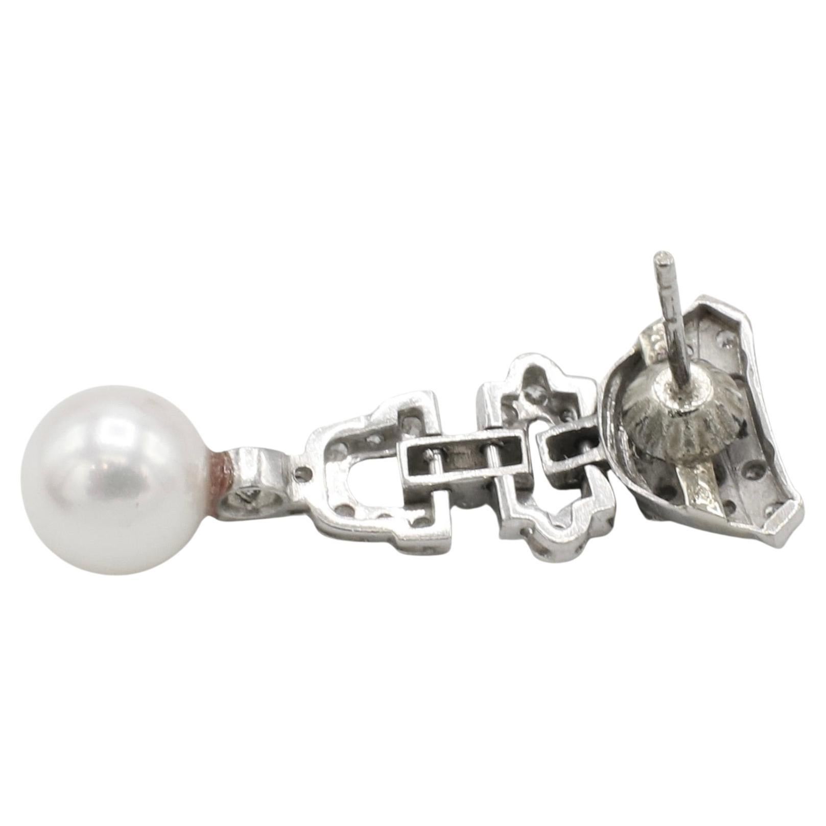 Art Deco Platinum Natural Diamond & Pearl Dangle Drop Earrings In Excellent Condition For Sale In  Baltimore, MD