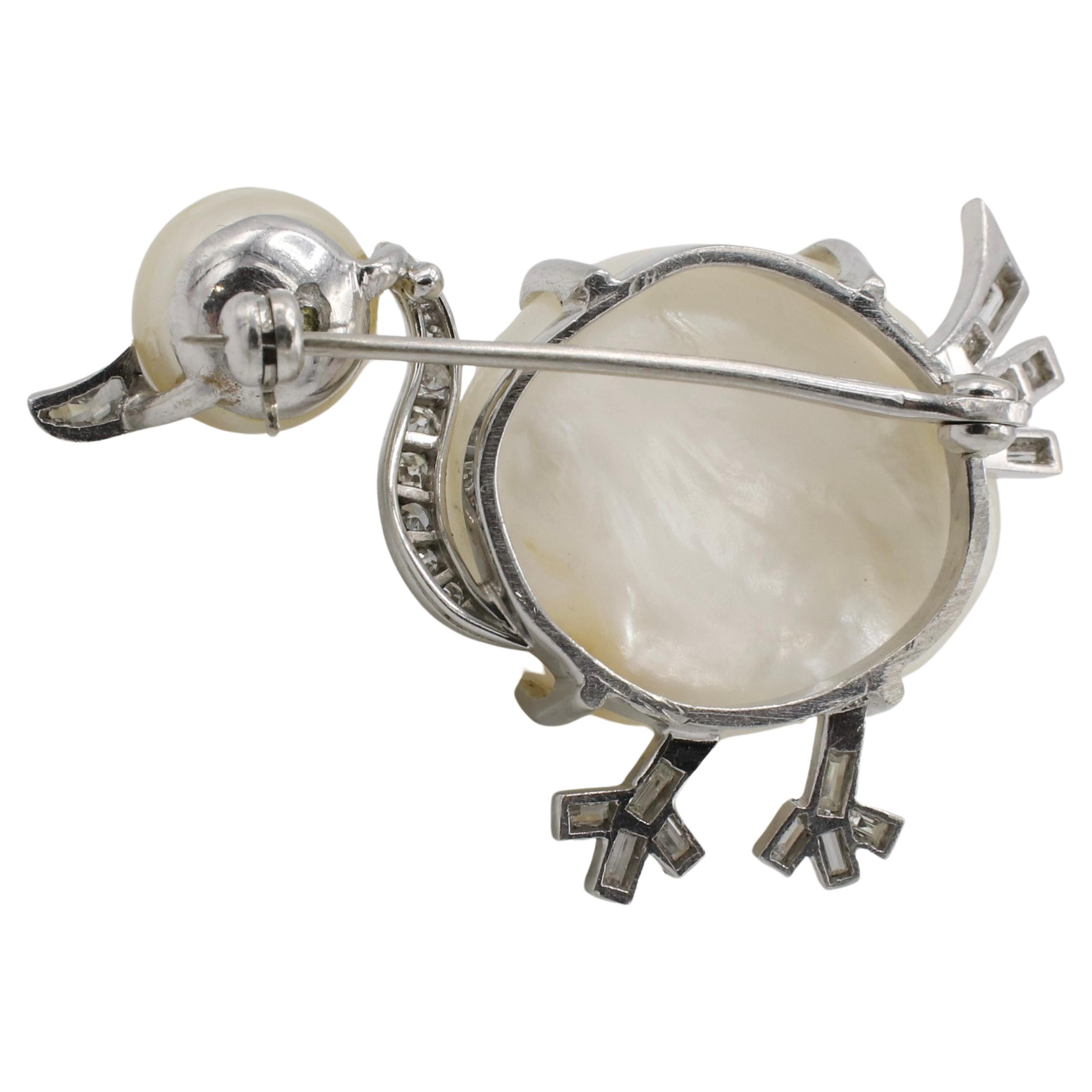 Art Deco Platinum Natural Diamond & Pearl Duck Pin Brooch  In Excellent Condition In  Baltimore, MD