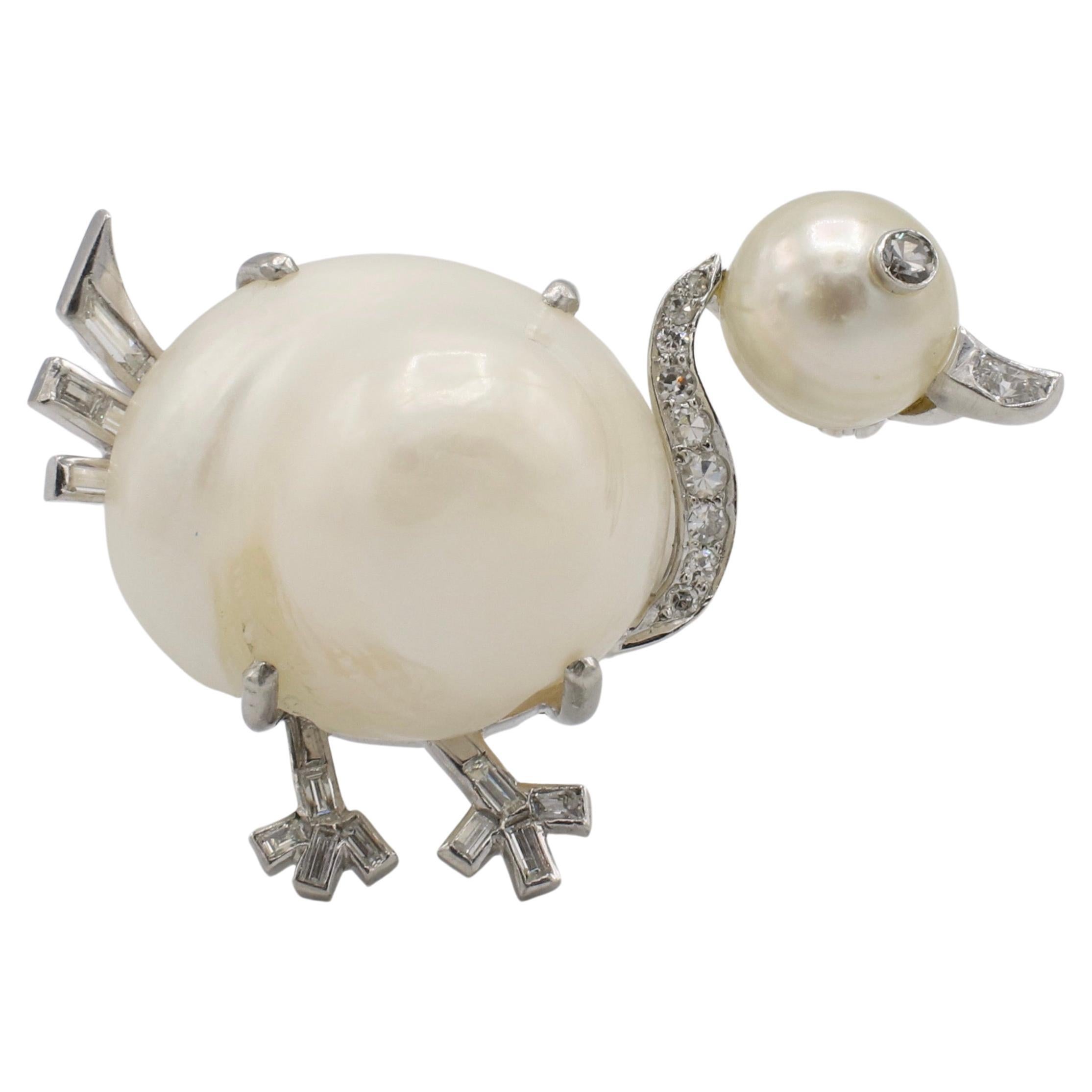 Art Deco Platinum Natural Diamond & Pearl Duck Pin Brooch 
