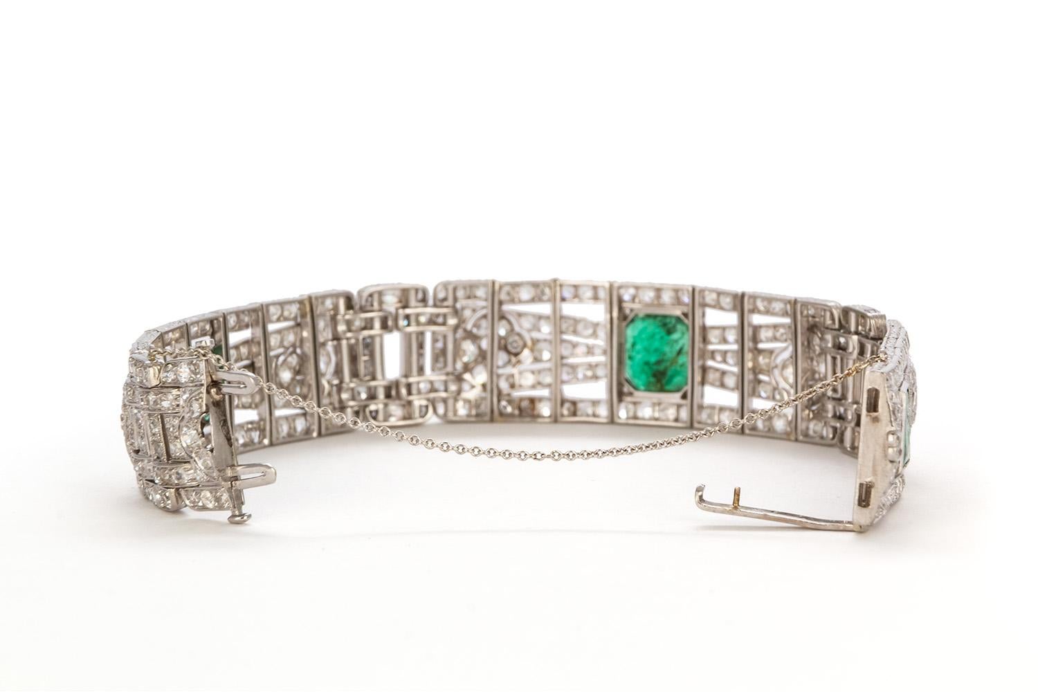 Women's Art Deco Platinum Natural Emerald and Diamond Bracelet