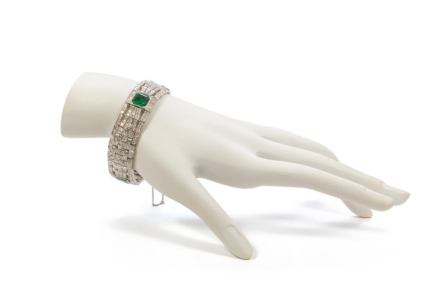 Art Deco Platinum Natural Emerald and Diamond Bracelet 1