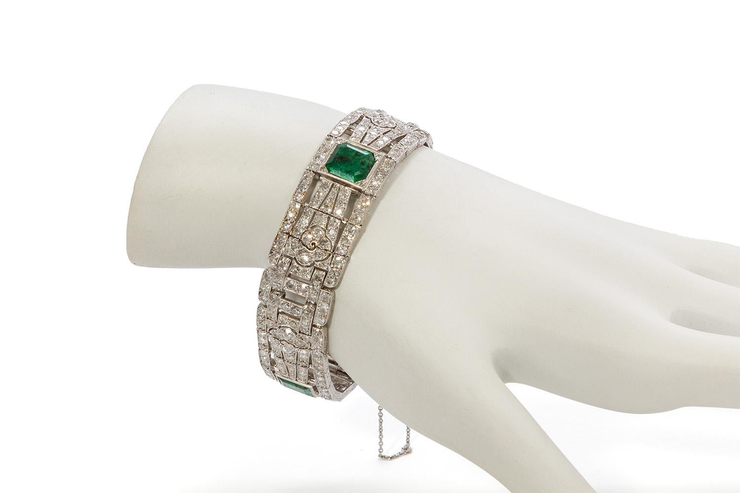 Art Deco Platinum Natural Emerald and Diamond Bracelet 2