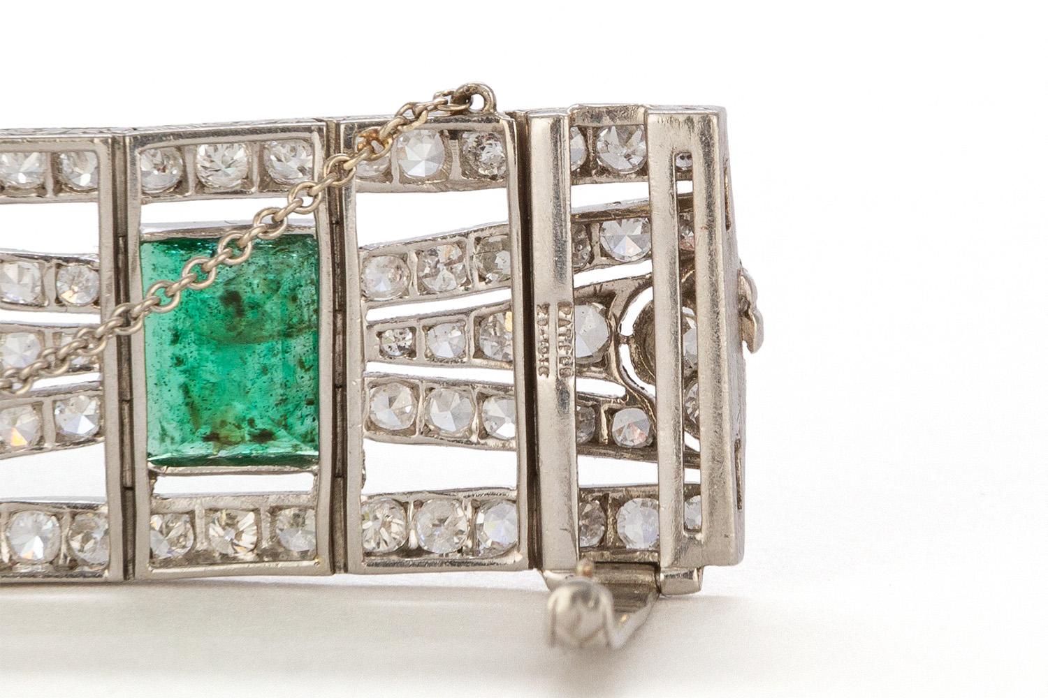 Art Deco Platinum Natural Emerald and Diamond Bracelet 3