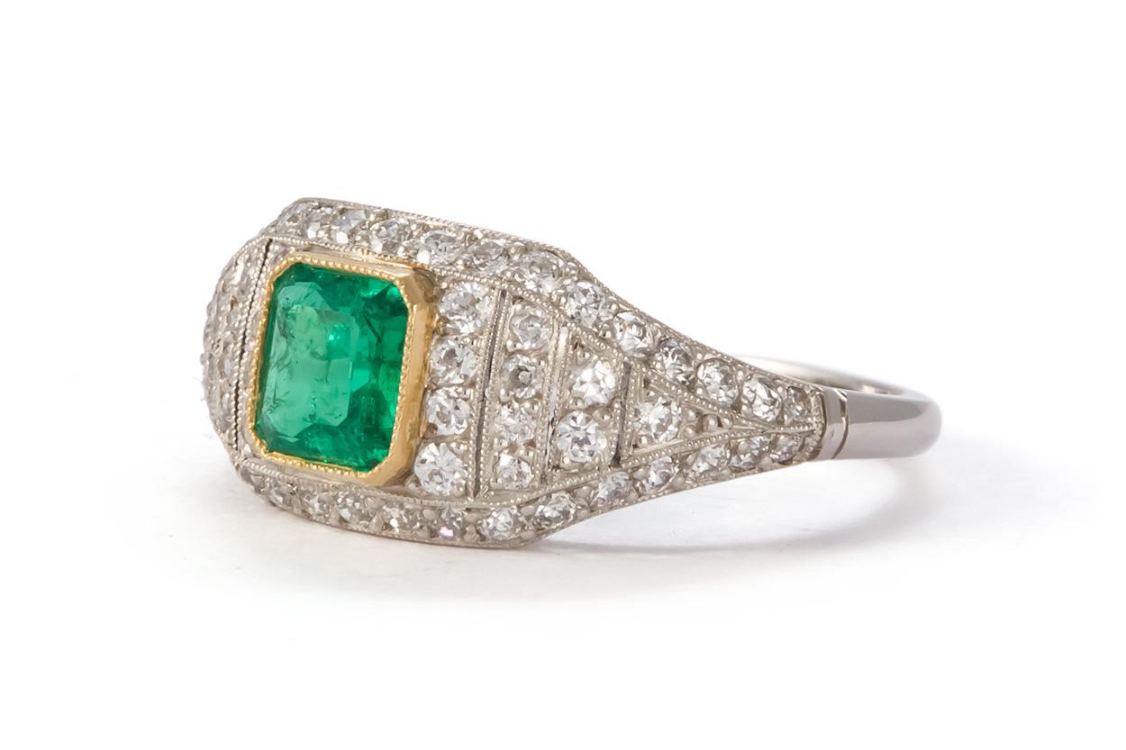 Emerald Cut Art Deco Platinum Natural Emerald and Diamond Ring