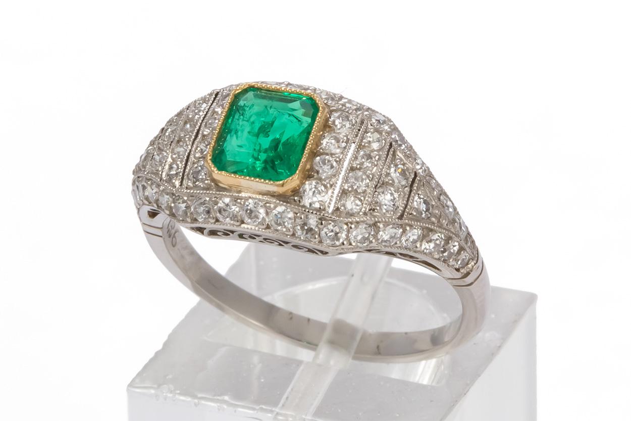 Women's Art Deco Platinum Natural Emerald and Diamond Ring