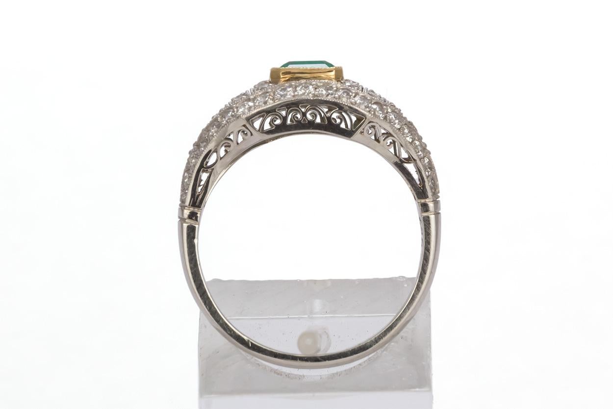 Art Deco Platinum Natural Emerald and Diamond Ring 1