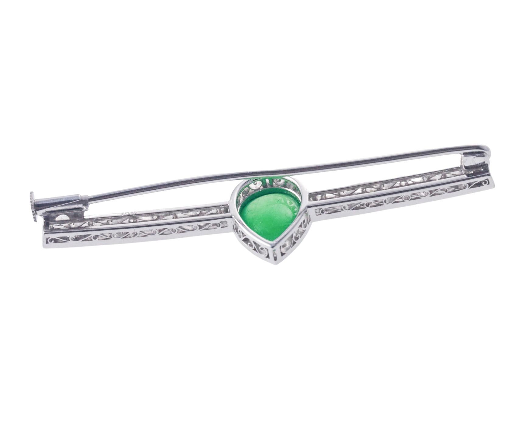 Pear Cut Art Deco Platinum Natural Jadeite Jade Diamond Bar Brooch For Sale
