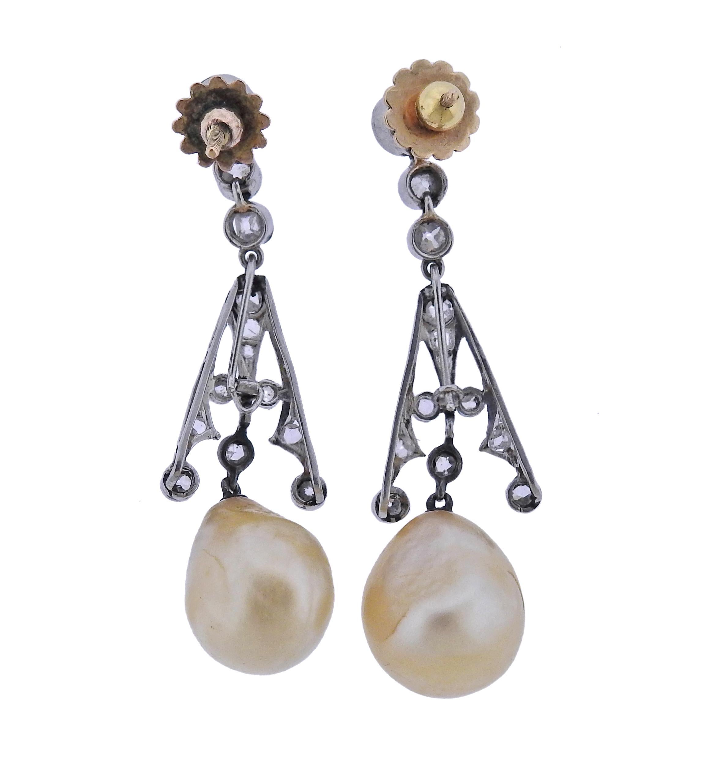 Art Deco Platin-Ohrringe mit natürlichen Perlen und Diamanten (Art déco) im Angebot