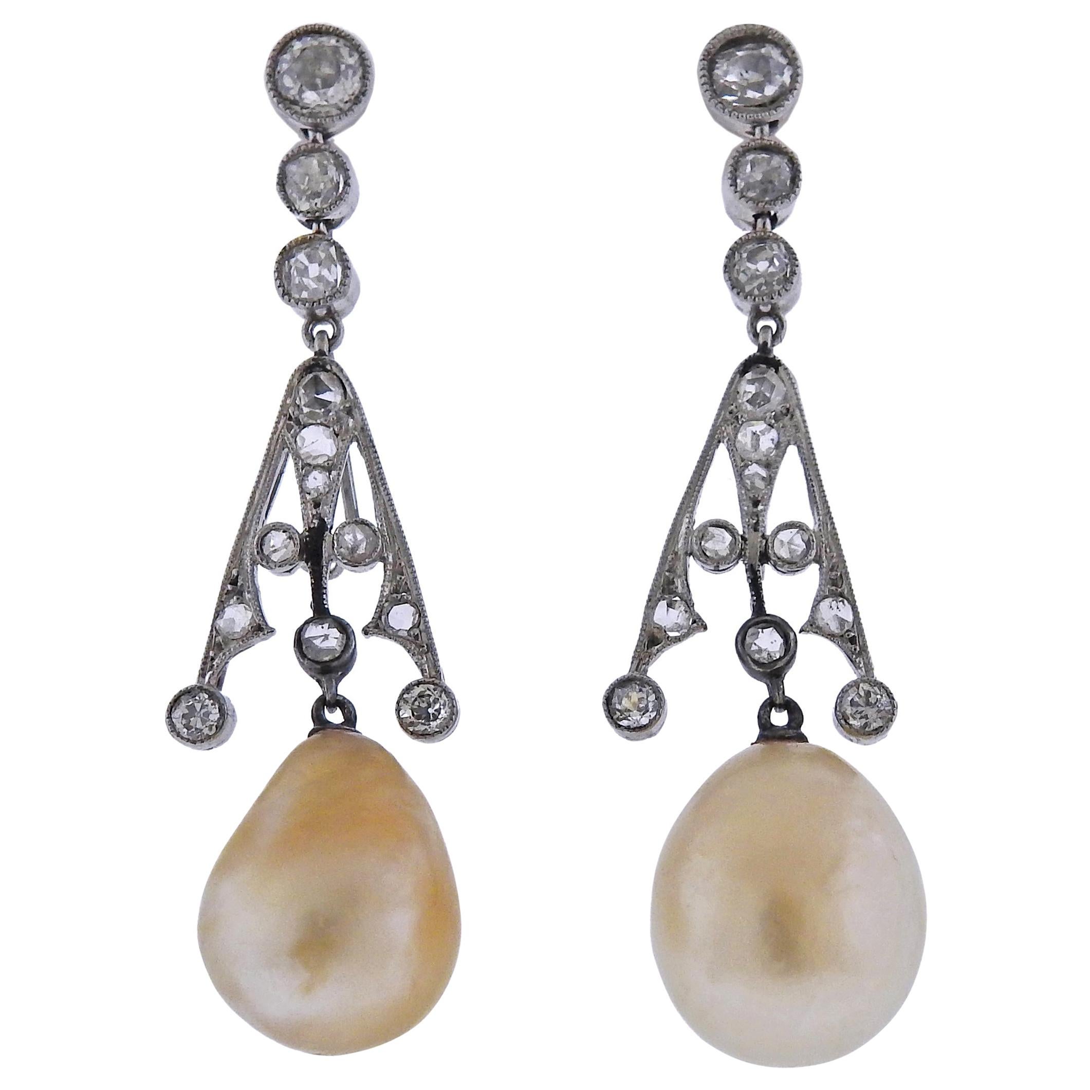 Art Deco Platinum Natural Pearl Diamond Earrings For Sale