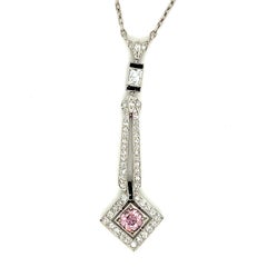 Art Deco Platinum Natural Purplish Pink Diamond and Onyx Pendant Necklace