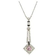 Art Deco Platinum Natural Purplish Pink Diamond and Onyx Pendant Necklace