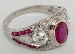 Art Deco Ruby and Diamond Platinum Milgrain Engagement Ring