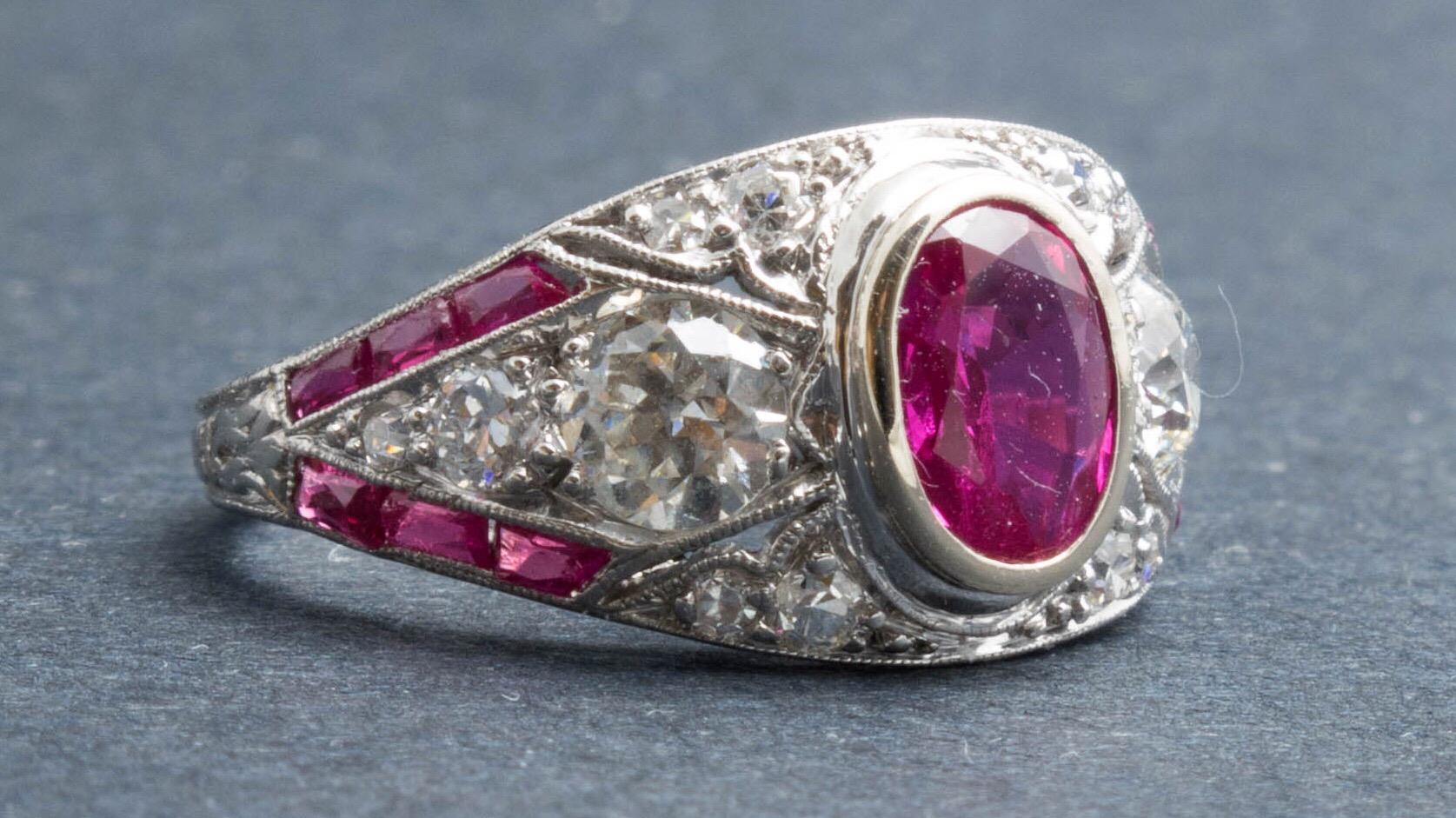 Oval Cut Art Deco Ruby and Diamond Platinum Milgrain Engagement Ring