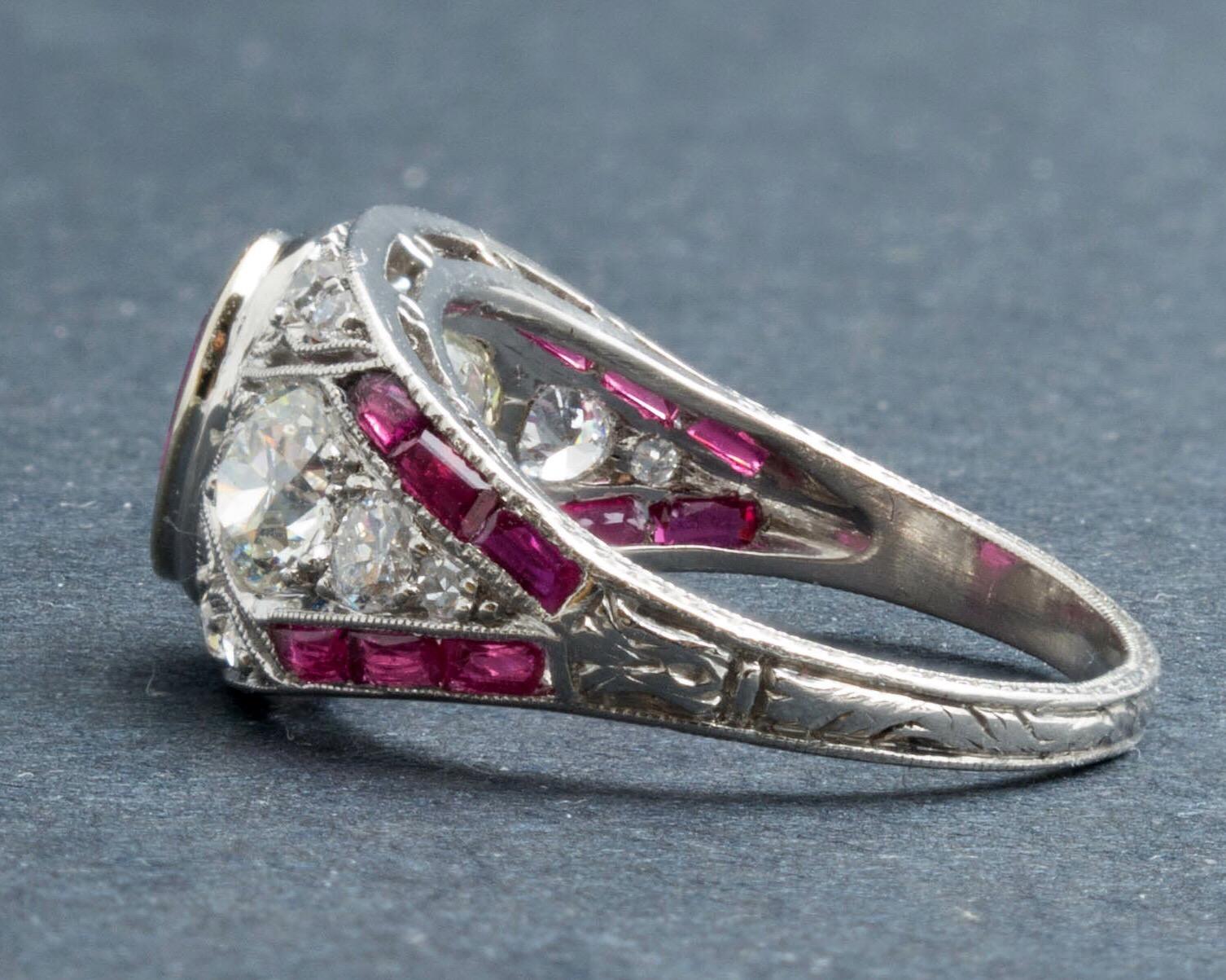 Art Deco Ruby and Diamond Platinum Milgrain Engagement Ring In Good Condition In Austin, TX