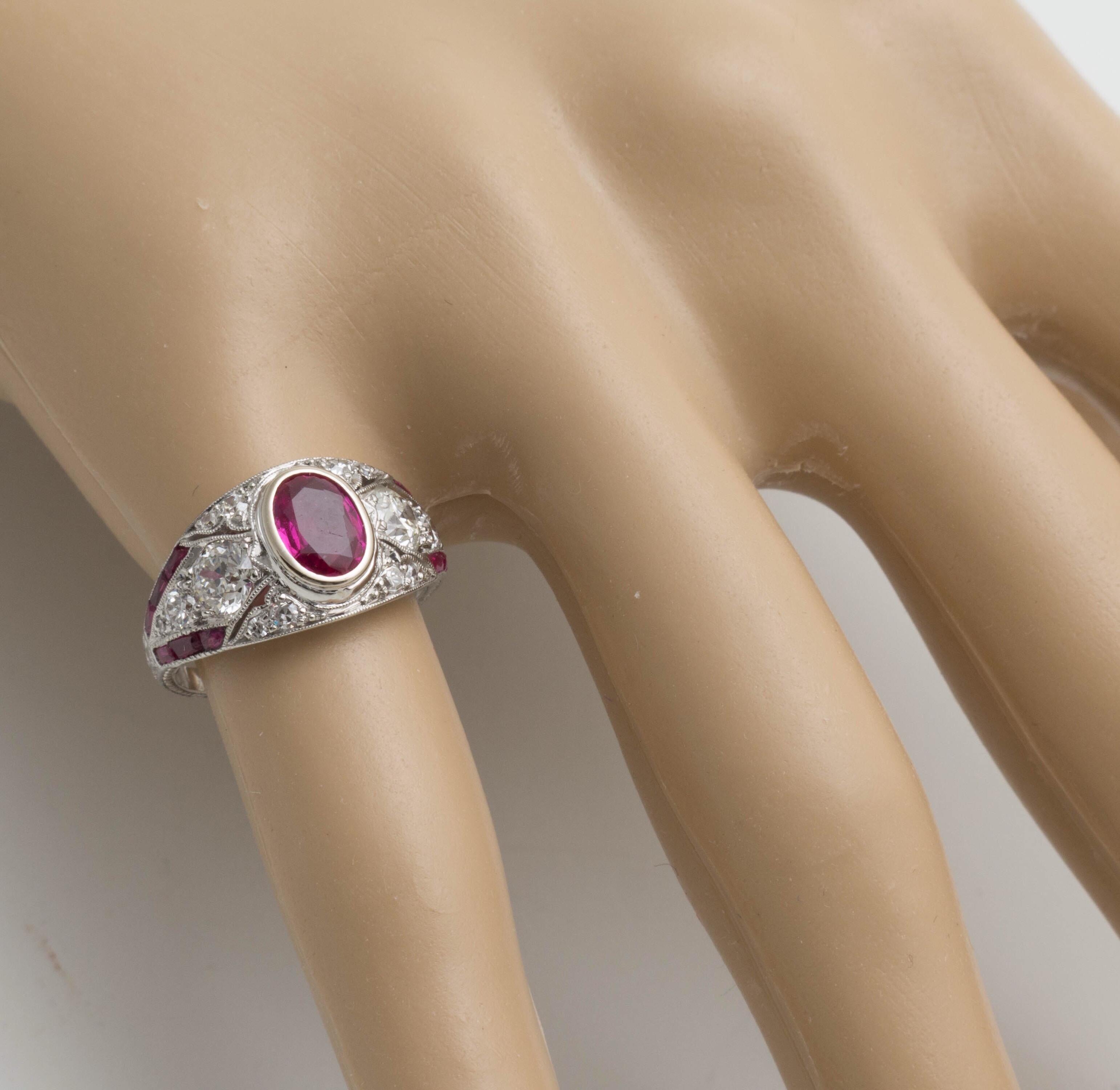 Art Deco Ruby and Diamond Platinum Milgrain Engagement Ring 1