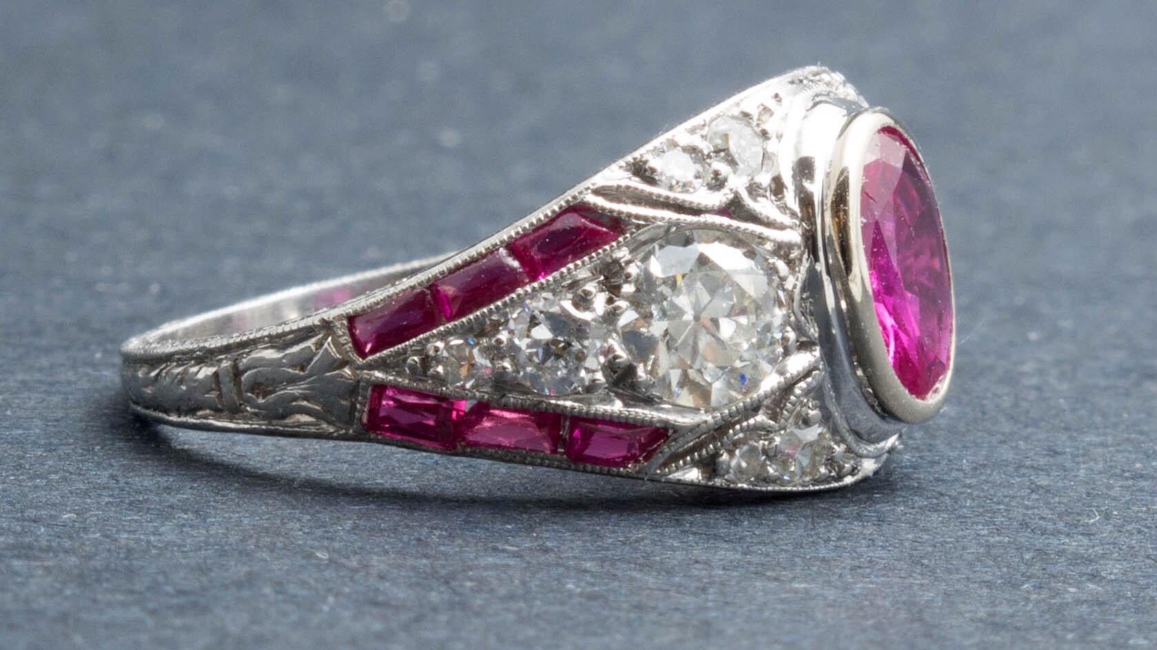 Art Deco Ruby and Diamond Platinum Milgrain Engagement Ring 2