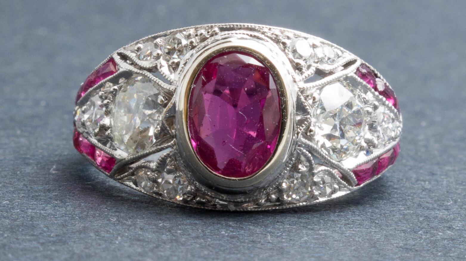 Art Deco Ruby and Diamond Platinum Milgrain Engagement Ring 3