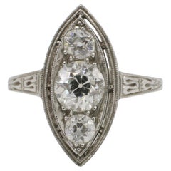 Art Deco Platinum Natural Three-Stone Diamond European Cut Navette Ring Art Deco Platinum Natural Three-Stone Diamond European Cut Navette Ring