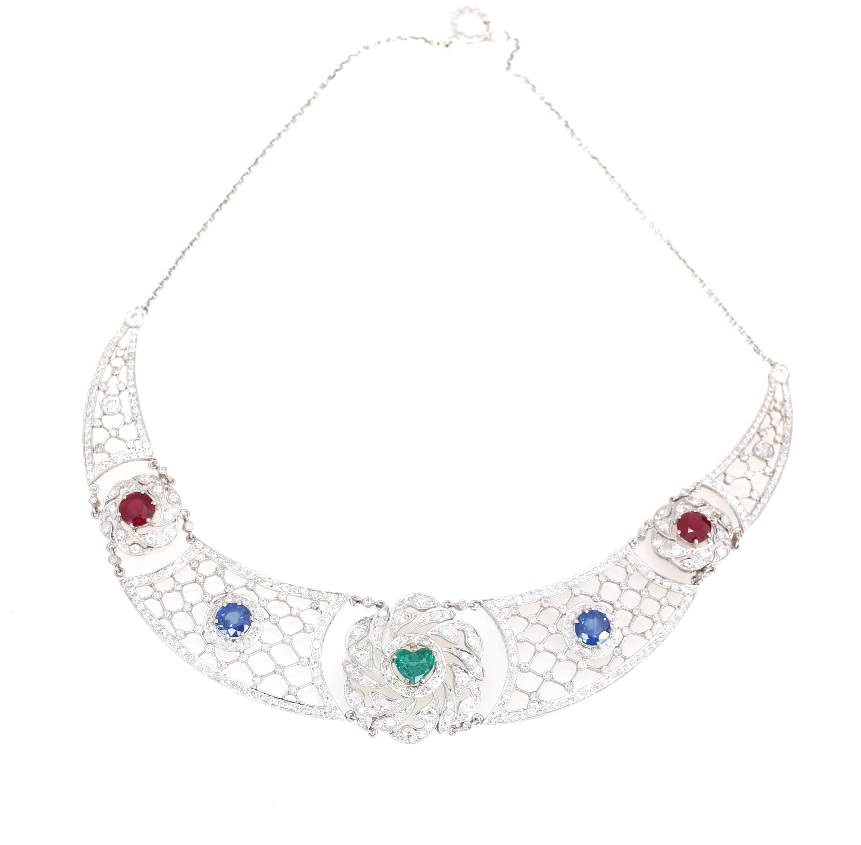 Women's Art Deco Platinum Necklace Heart-Shaped Emerald Sapphires Rubies Diamond