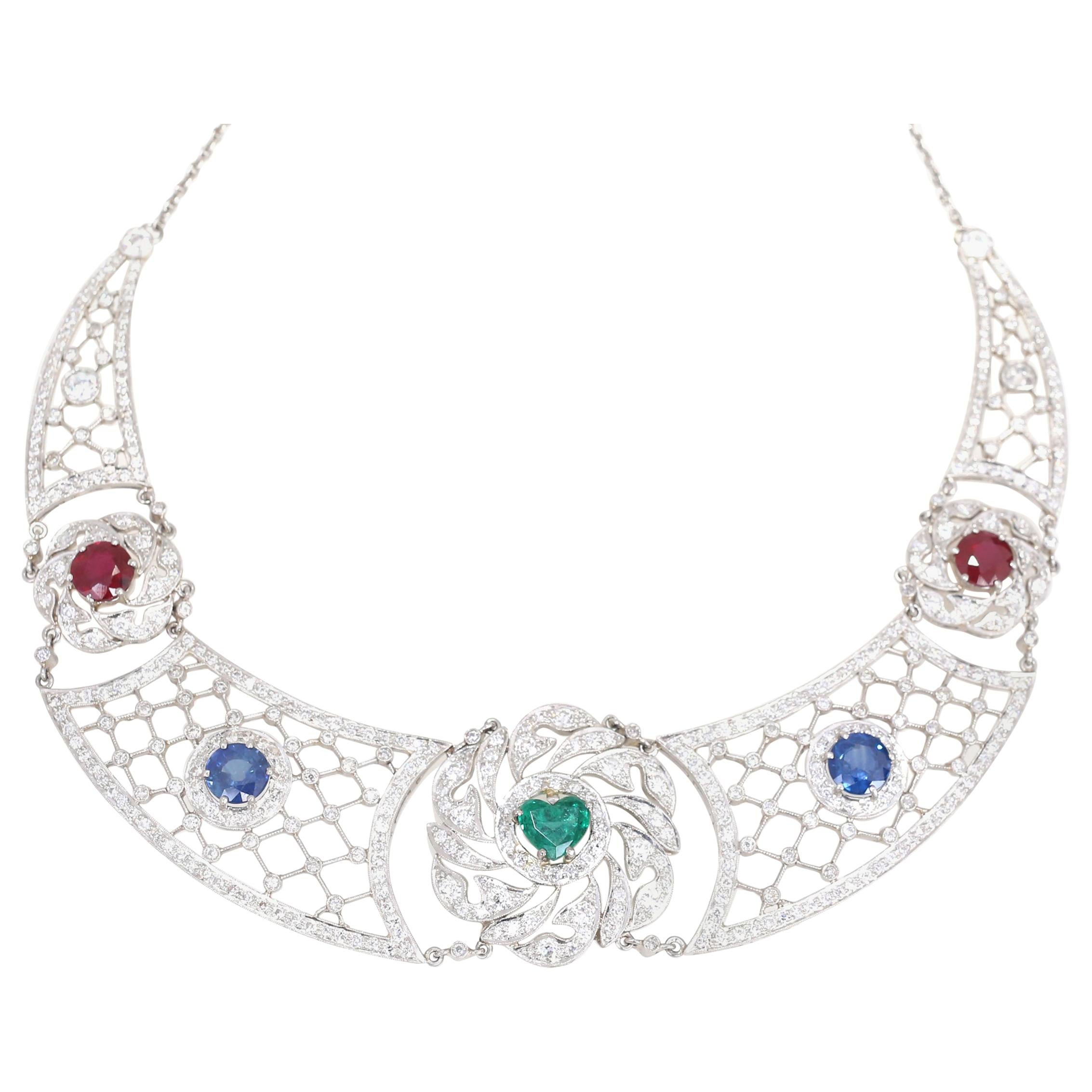 Art Deco Platinum Necklace Heart-Shaped Emerald Sapphires Rubies Diamond