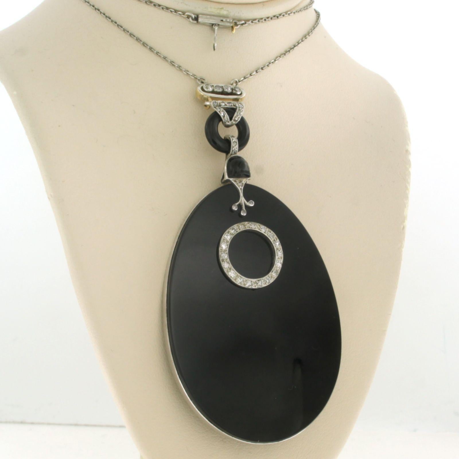 Old Mine Cut ART-DECO Platinum necklace set with onyx and diamonds For Sale