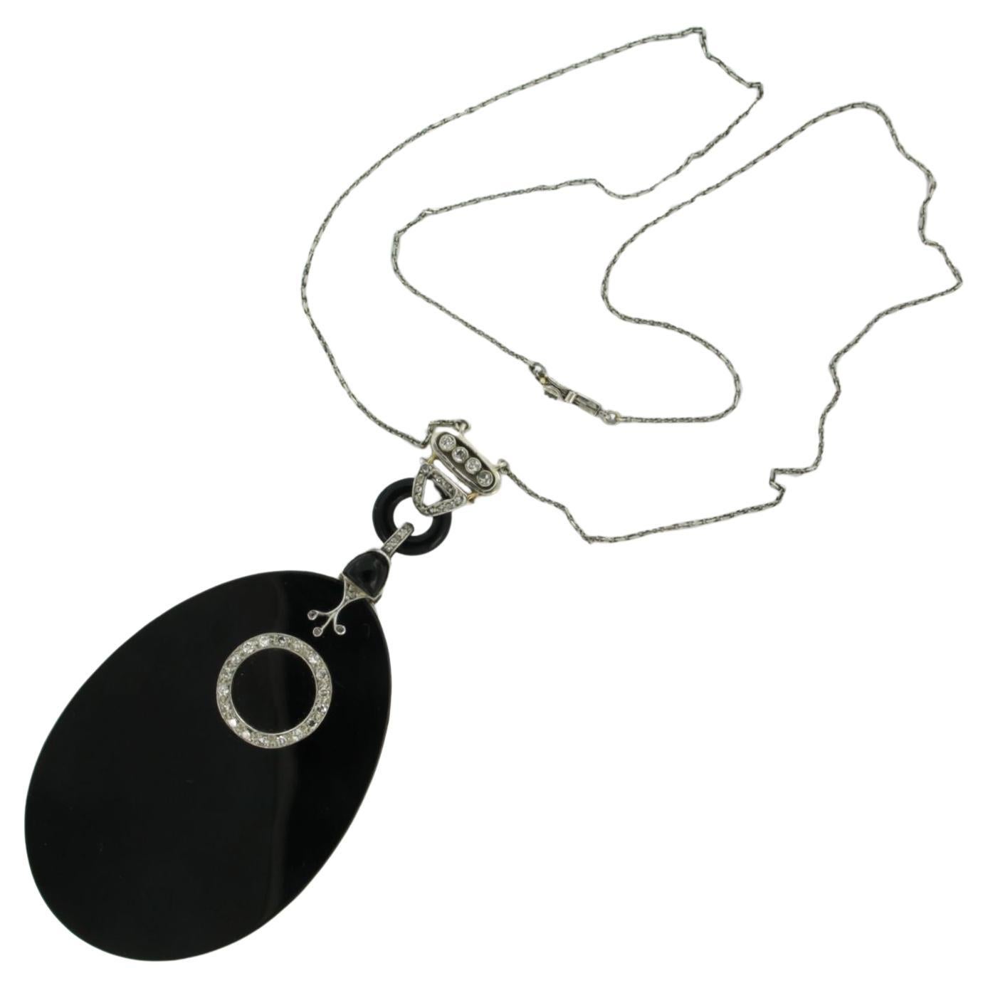 ART-DECO Platin-Halskette mit Onyx und Diamanten besetzt