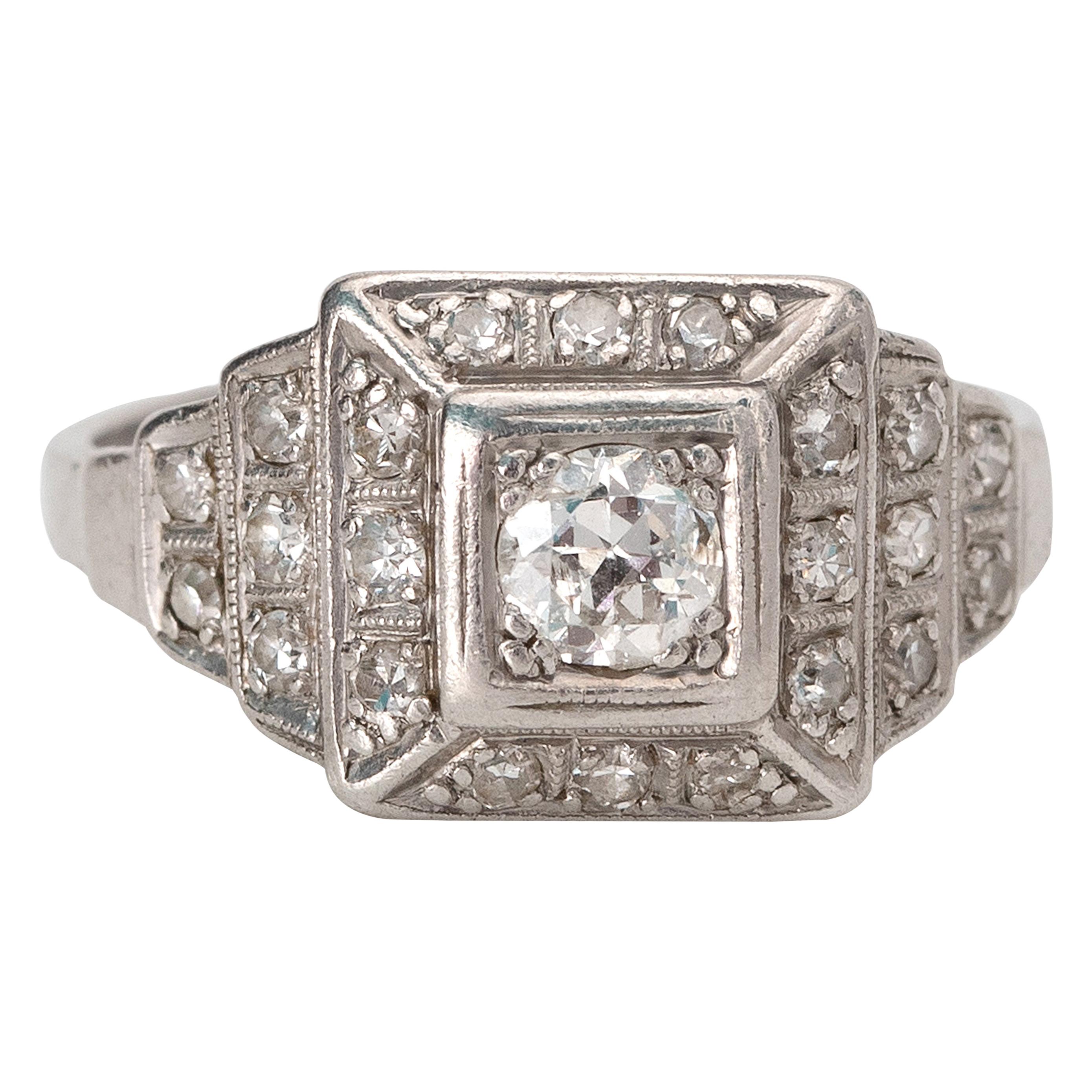 Art Deco Platinum Old Cut Diamond Engagement Ring with Square Single Cut Halo