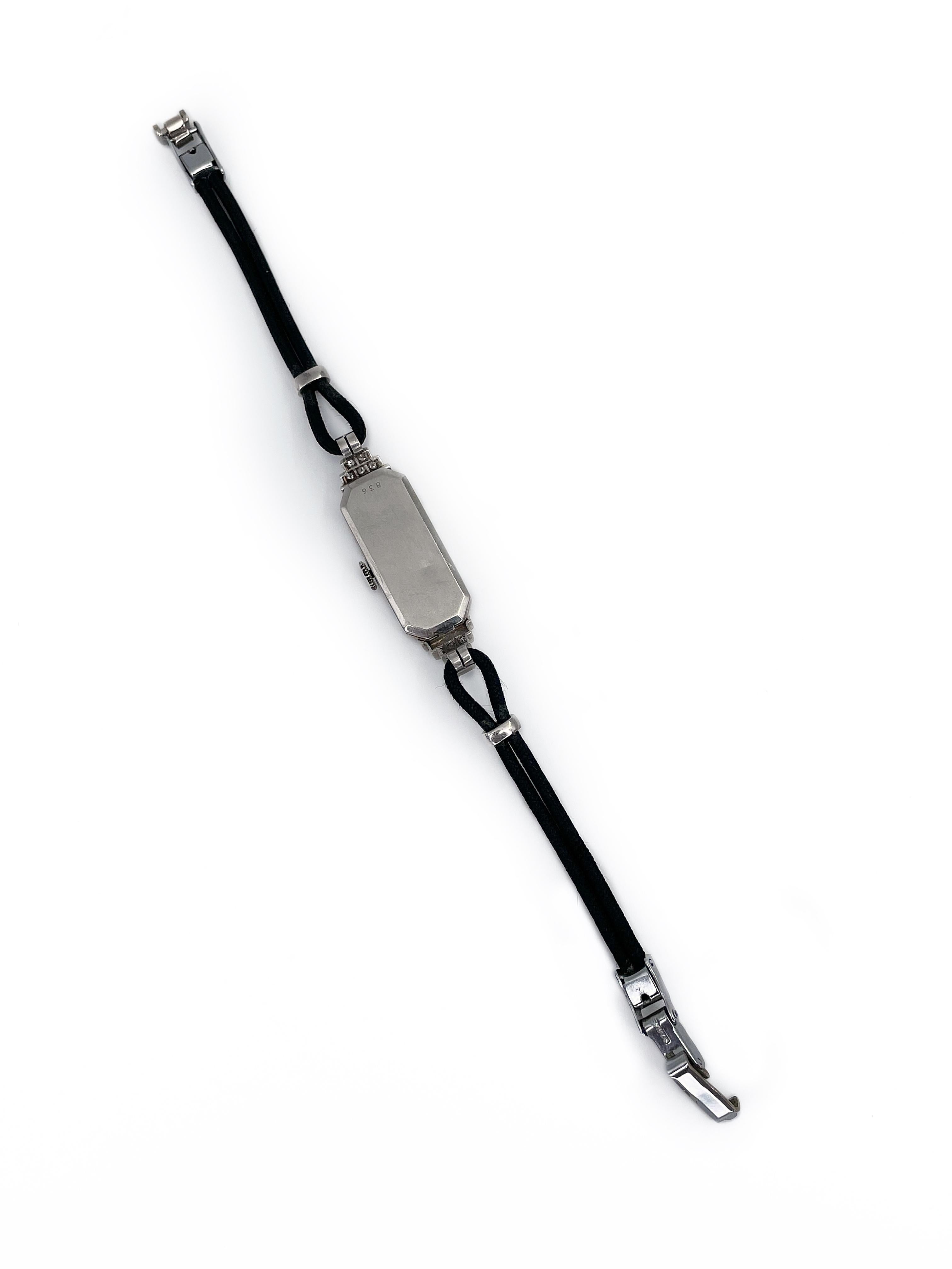 This is an Art Deco cocktail wrist watch crafted in platinum and 836 hallmark steel. The rectangular dial is set with Arabic numerals. It has a stylish black woven cord and a safe clasp. The piece features 58 old cut diamonds. 

It is working.