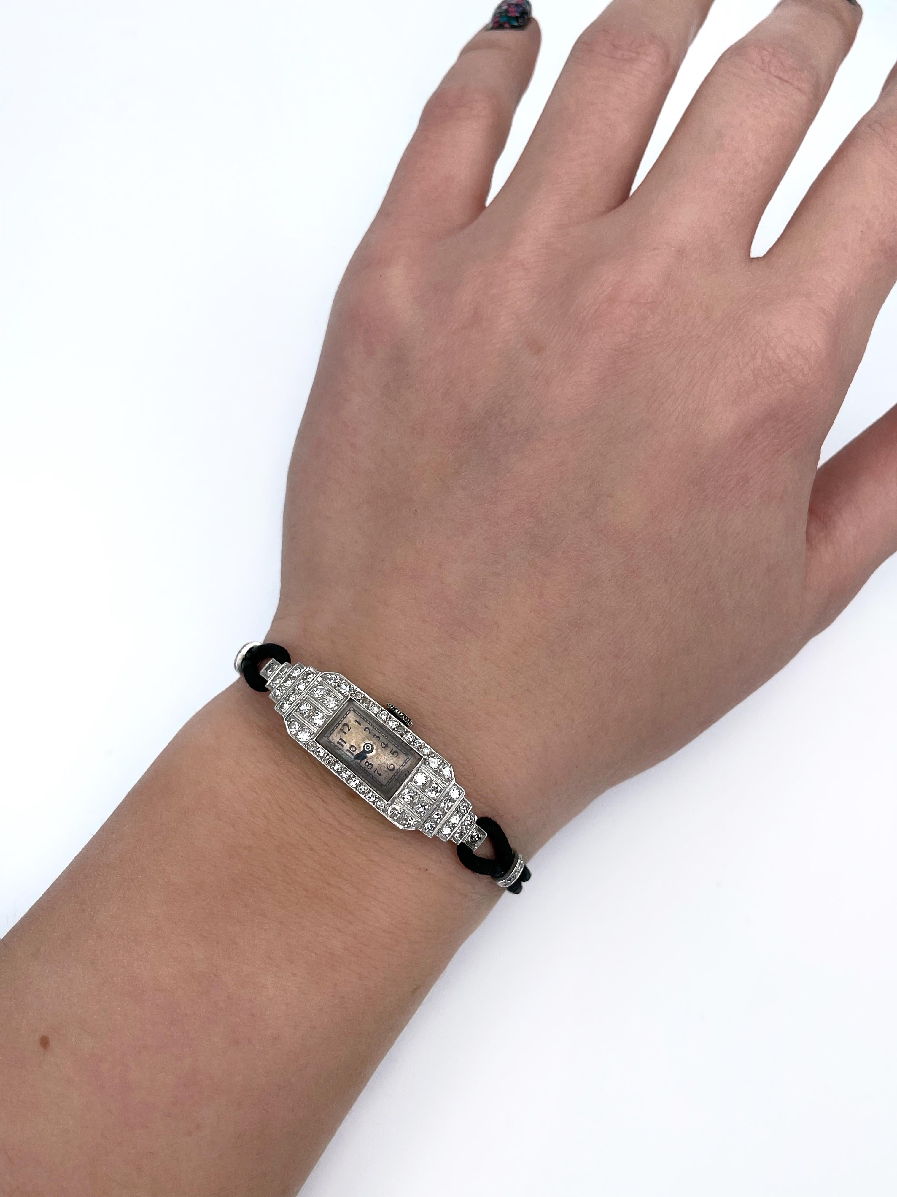 Women's Art Deco Platinum Old Cut Diamond Rectangular Cocktail Wrist Watch