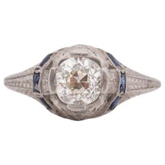 Art Deco Platinum Old Euro Cut .90Ct Diamond and Sapphire Vintage Solitaire Ring