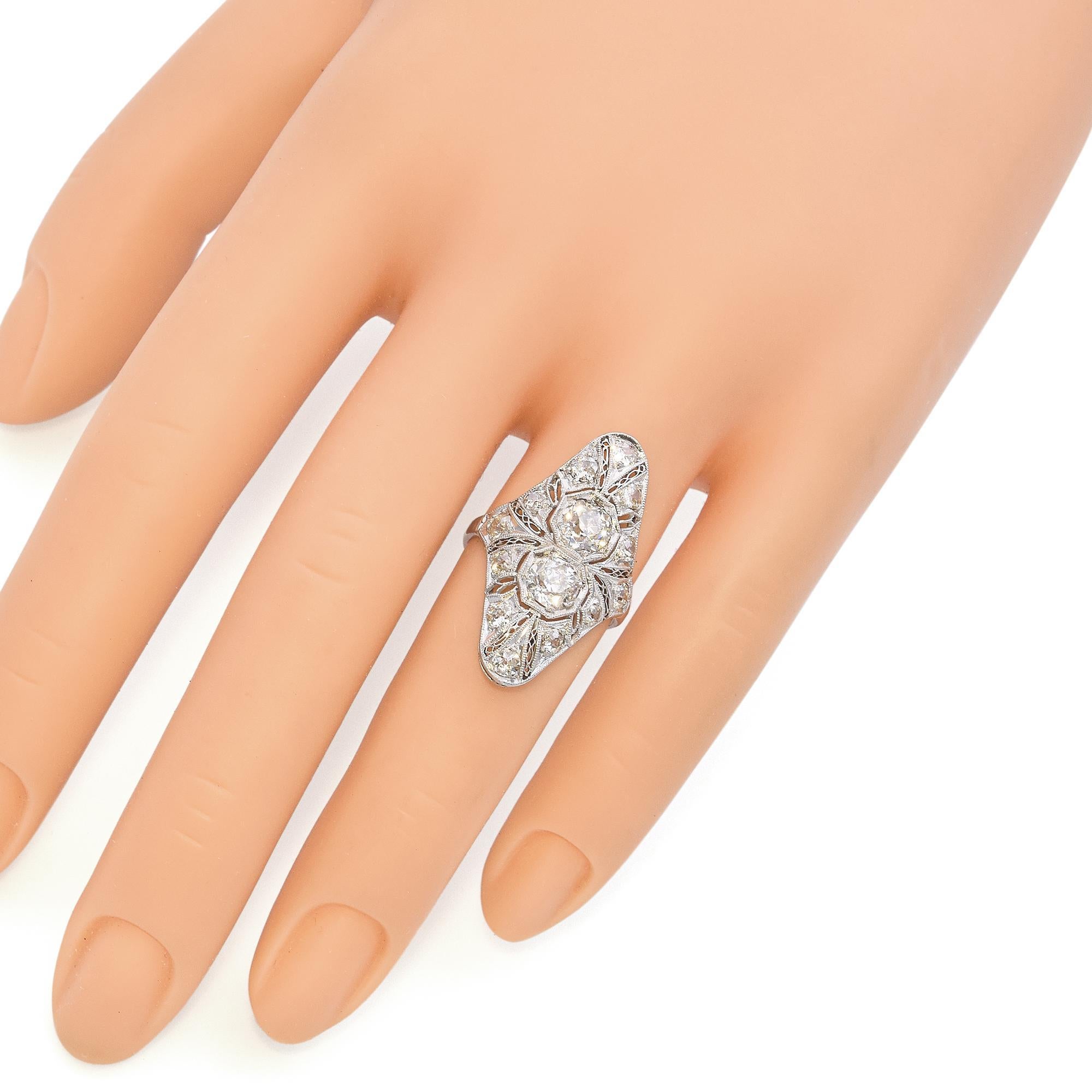 Old Mine Cut Art Deco Platinum Old Euro Cut Diamond Knuckle-Duster Dinner Ring