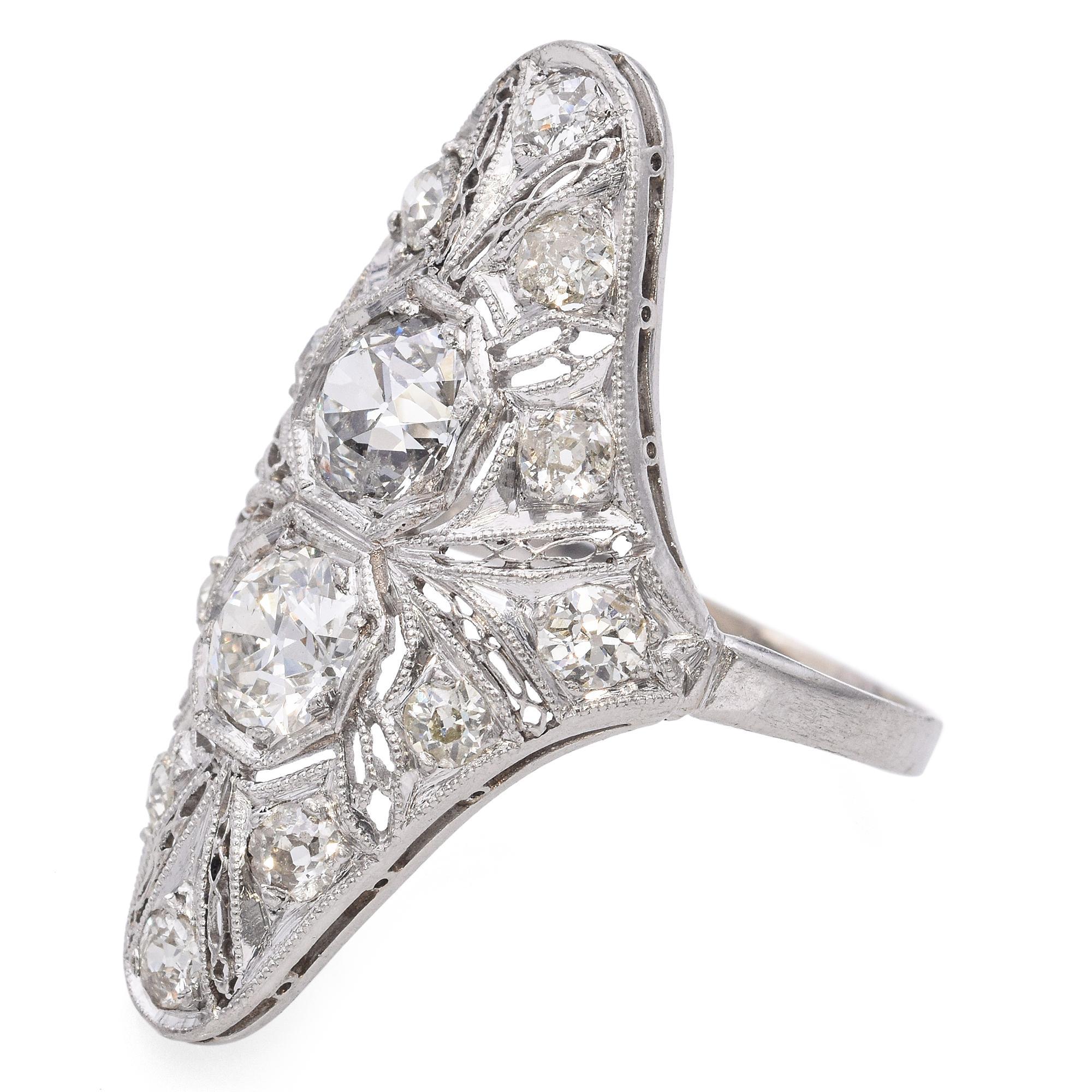 Art Deco Platinum Old Euro Cut Diamond Knuckle-Duster Dinner Ring In Good Condition In New York, NY
