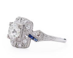 Art Deco Platinum Old Euro Cut Diamond with Square Halo and Sapphire Baguettes