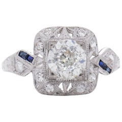 Art Deco Platinum Old Euro Cut Diamond with Square Halo and Sapphire Baguettes