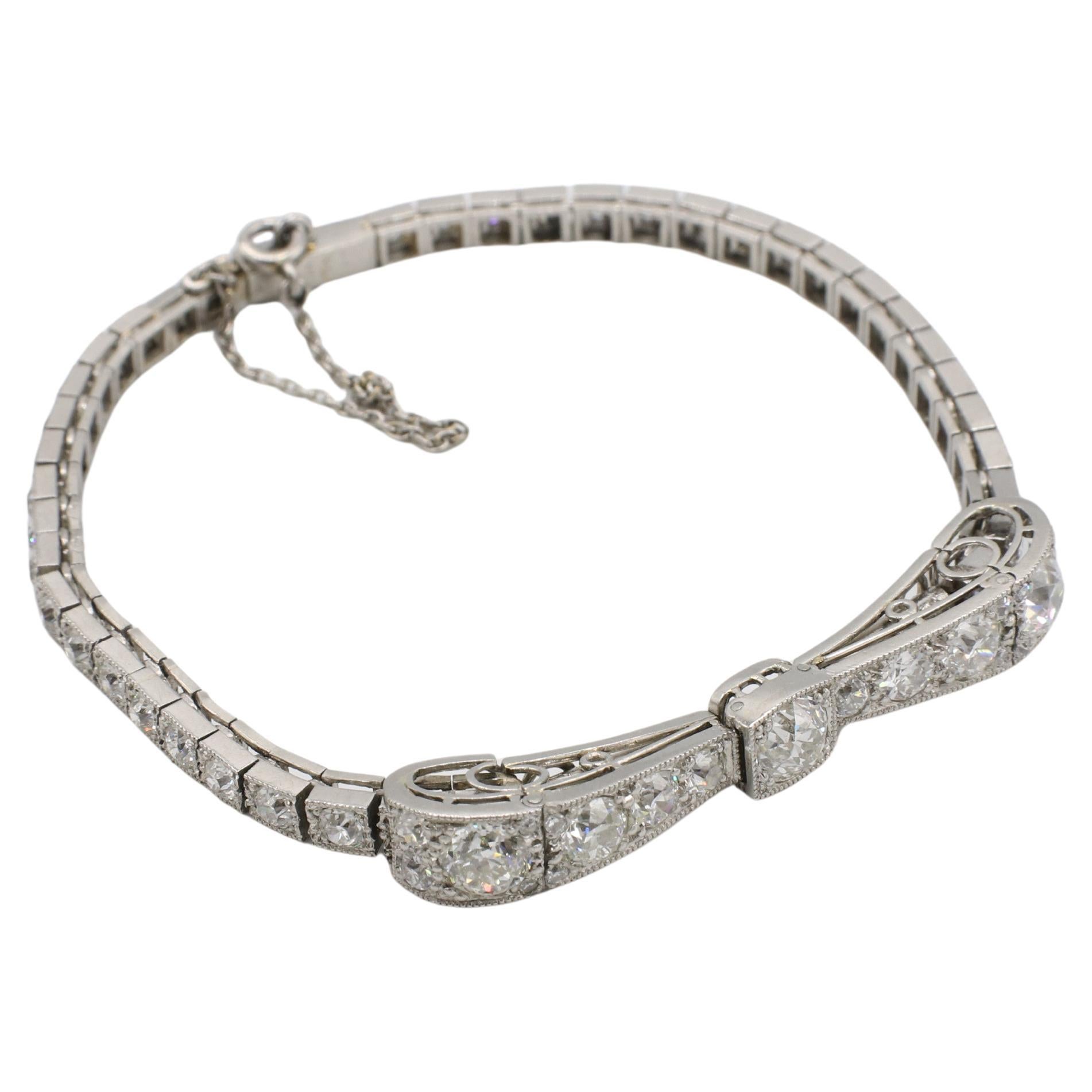 Old European Cut Art Deco Platinum Old European 3.50 Carat Natural Diamond Ribbon Bow Bracelet
