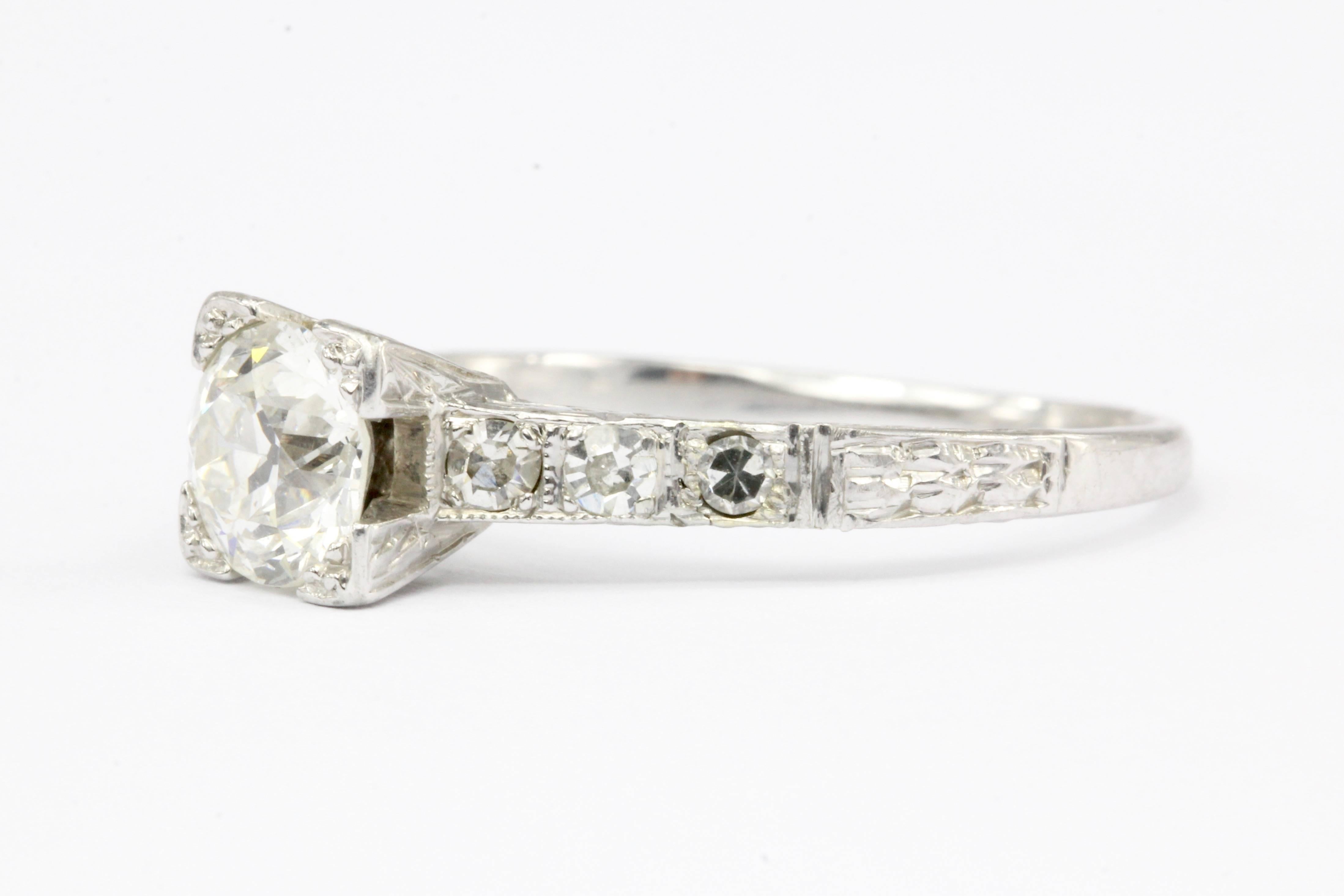 Art Deco Platinum Old European Cut .85 Carat Diamond Engagement Ring In Excellent Condition In Cape May, NJ